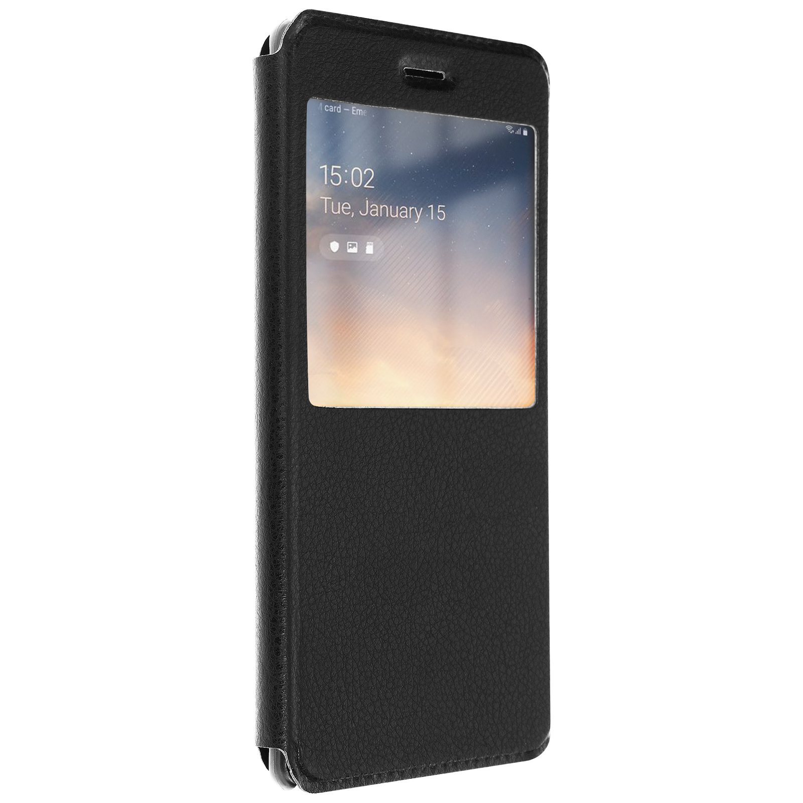 Coque noire avec fenêtre, affichant l'heure et la date.