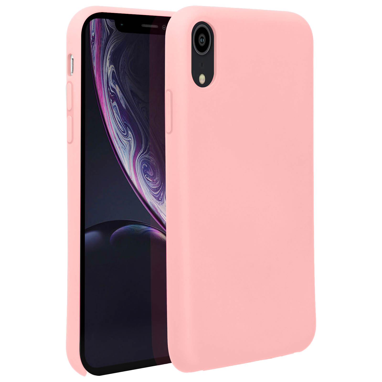 Een roze telefoonhoesje op een telefoon, de zijkant van de telefoon tonend.
