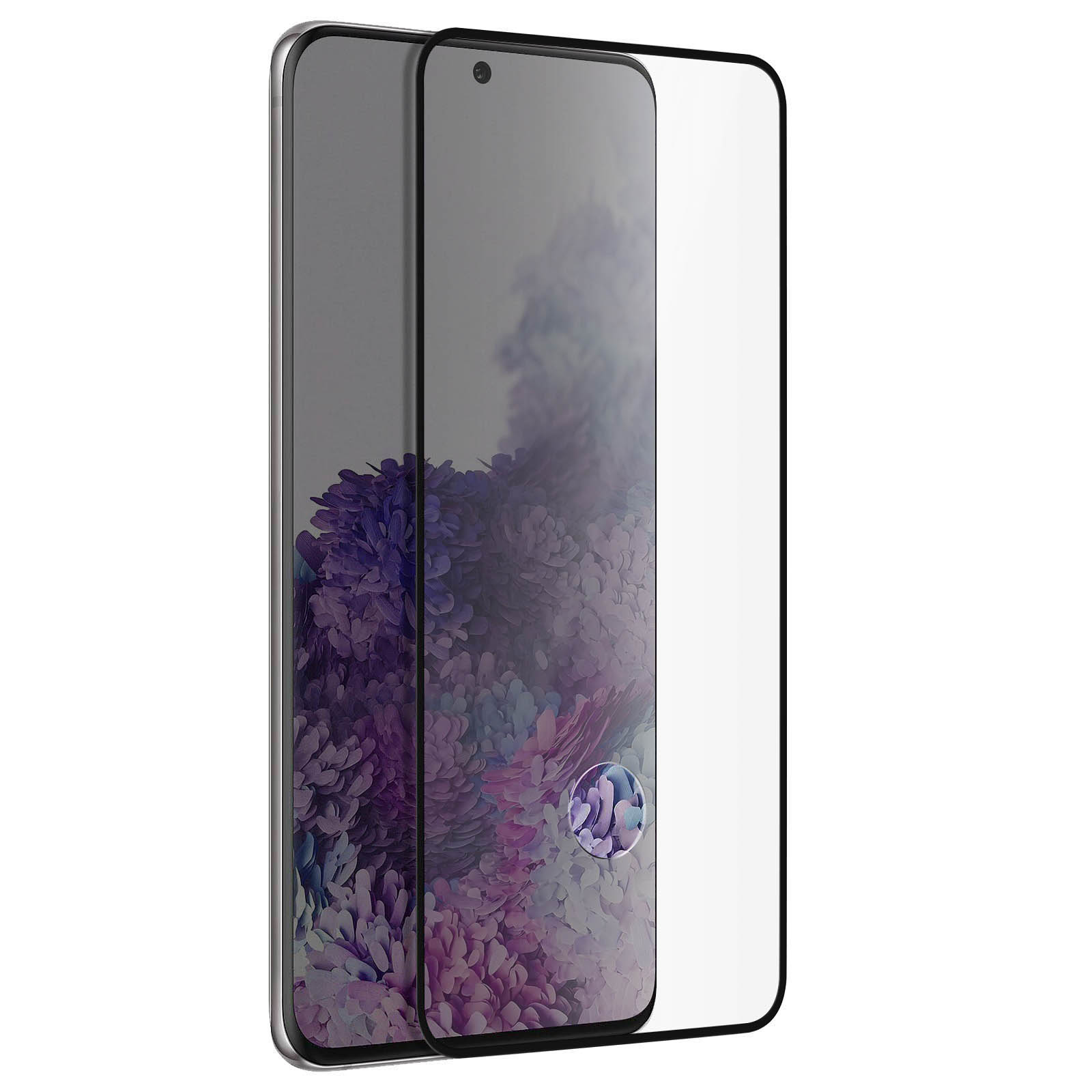 Uno smartphone con una protezione per lo schermo applicata. Il telefono mostra uno sfondo floreale viola. La protezione è trasparente.