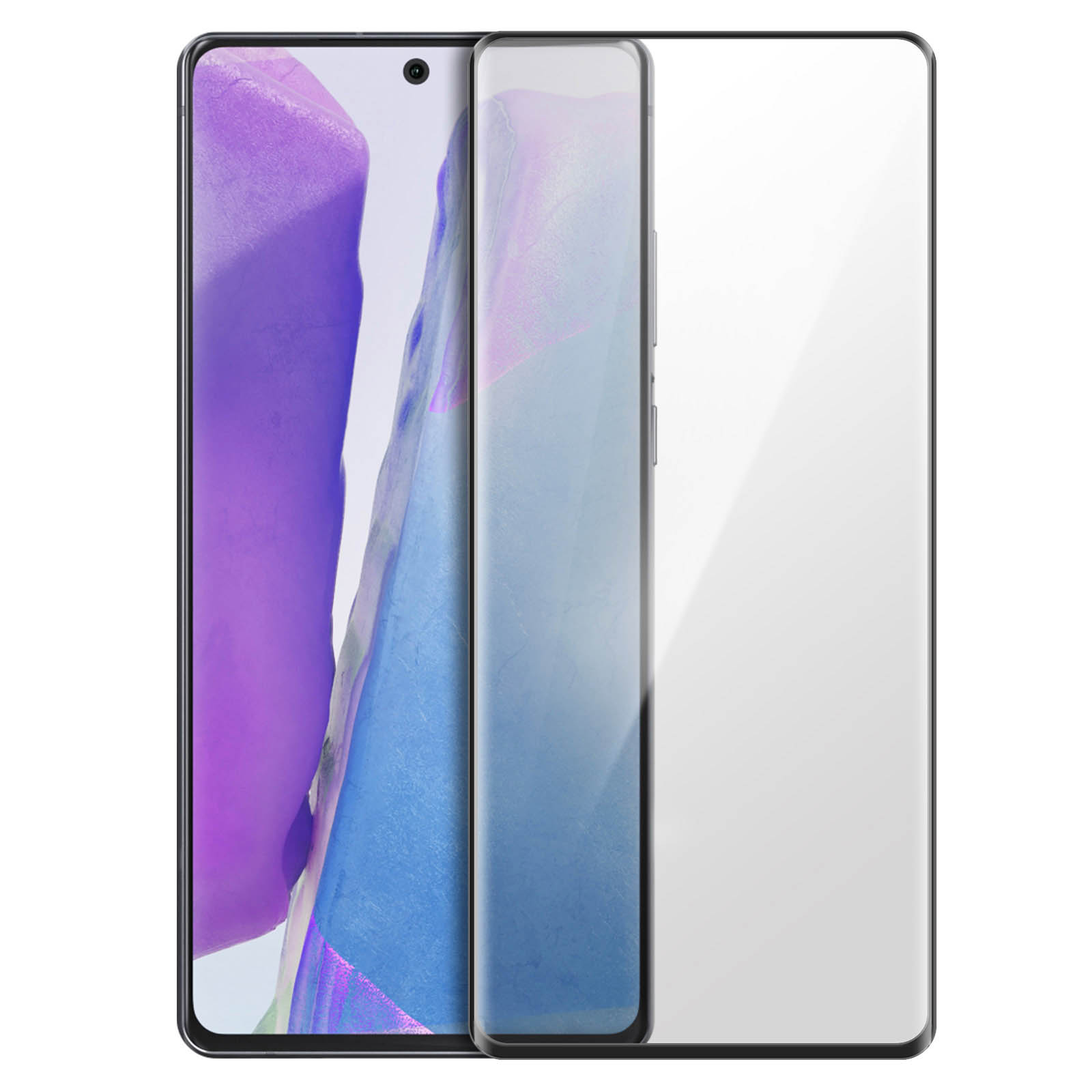 Uno smartphone con una protezione per lo schermo applicata. Il telefono mostra uno sfondo viola e blu. Il proteggi schermo è trasparente.