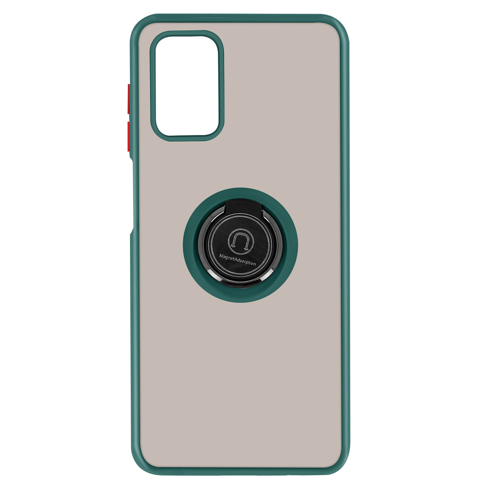 Custodia per telefono con finiture verdi e supporto ad anello verde al centro. Il retro è di colore neutro.