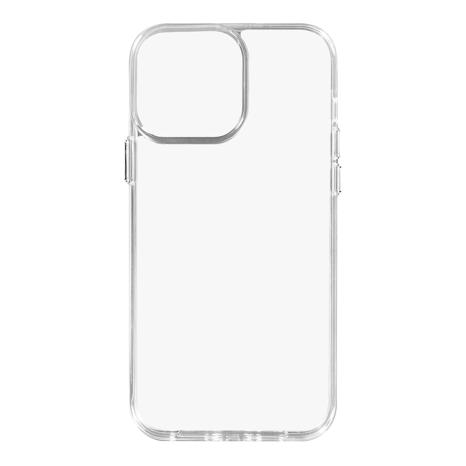 Una custodia trasparente per telefono. Ha un ritaglio per la fotocamera e ritagli per i pulsanti. Sfondo bianco.