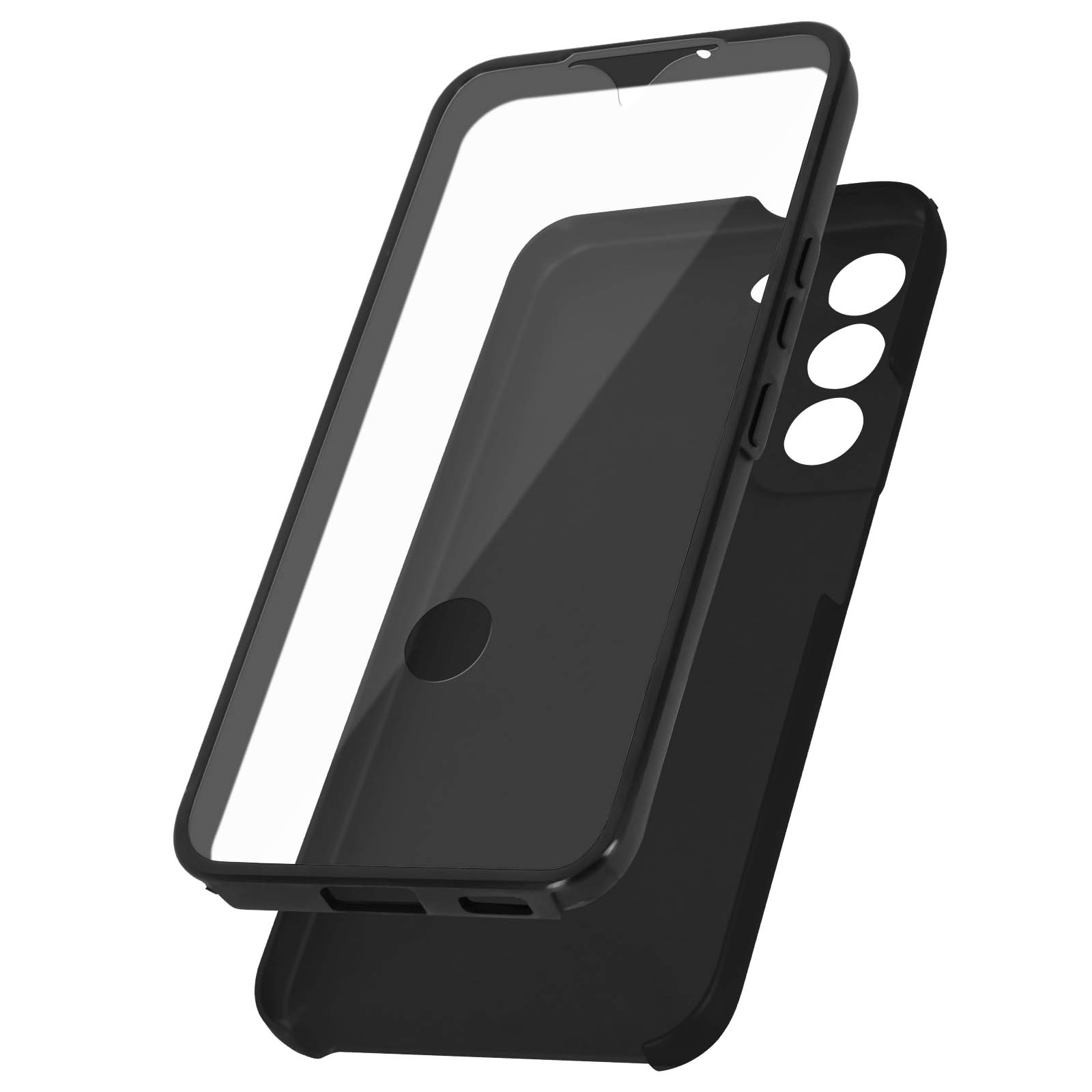 Coque de téléphone noire, avec un couvercle avant transparent de protection séparé. Le dos est solide.