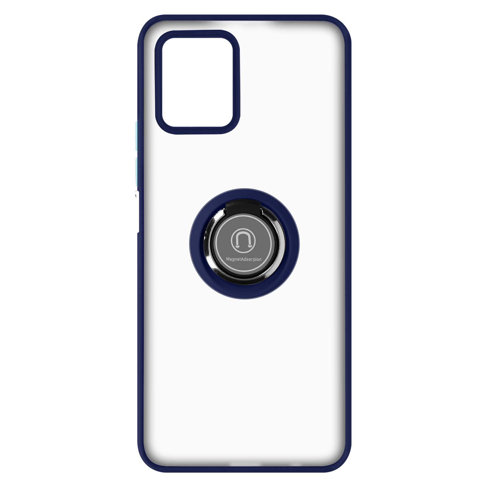 Coque de téléphone blanche avec un anneau bleu foncé pour attacher à un aimant.