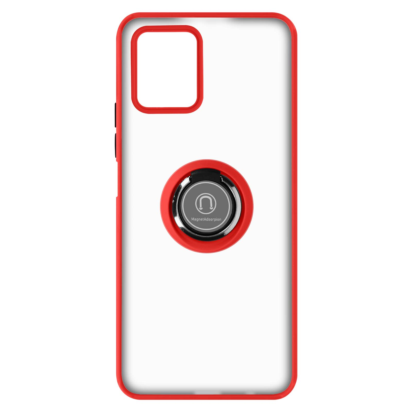 Una custodia trasparente per telefono con bordi rossi e un anello rosso sul retro.