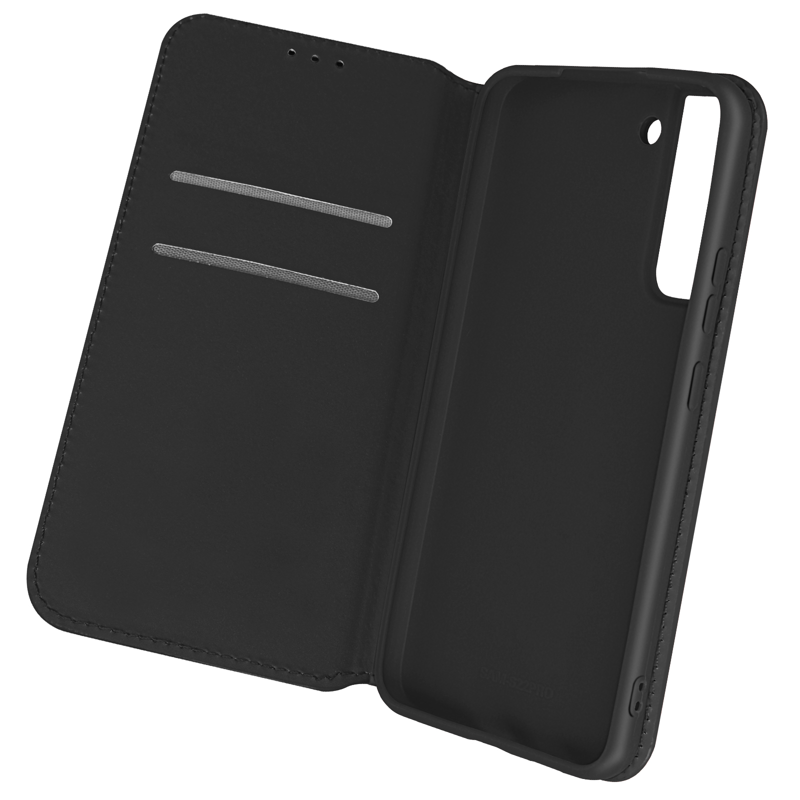 Étui de téléphone noir, ouvert, avec fentes pour cartes à l'intérieur.