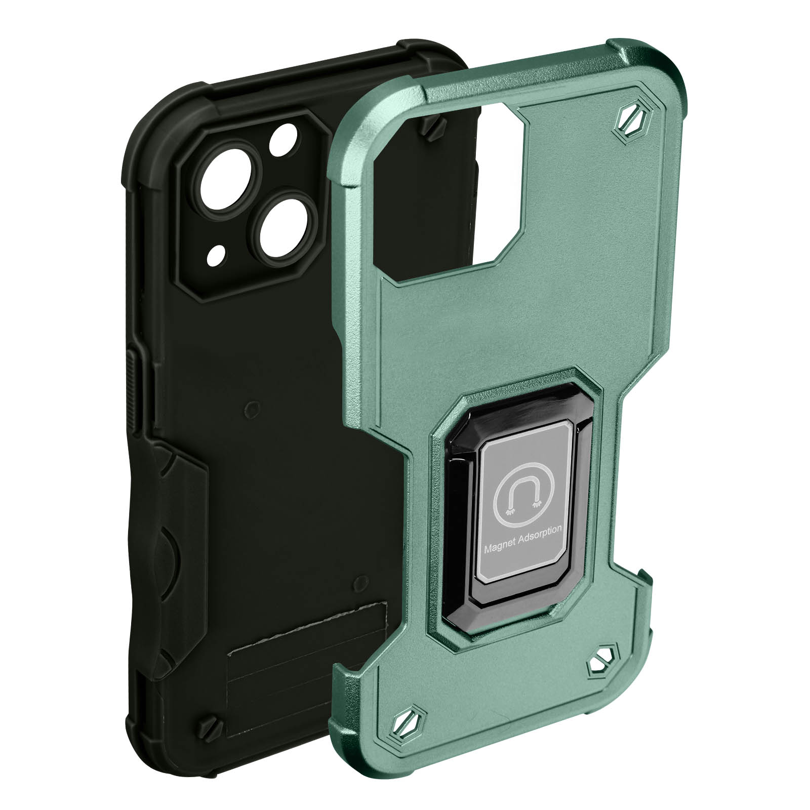 Custodia per telefono verde e nera con supporto ad anello e attacco magnetico.