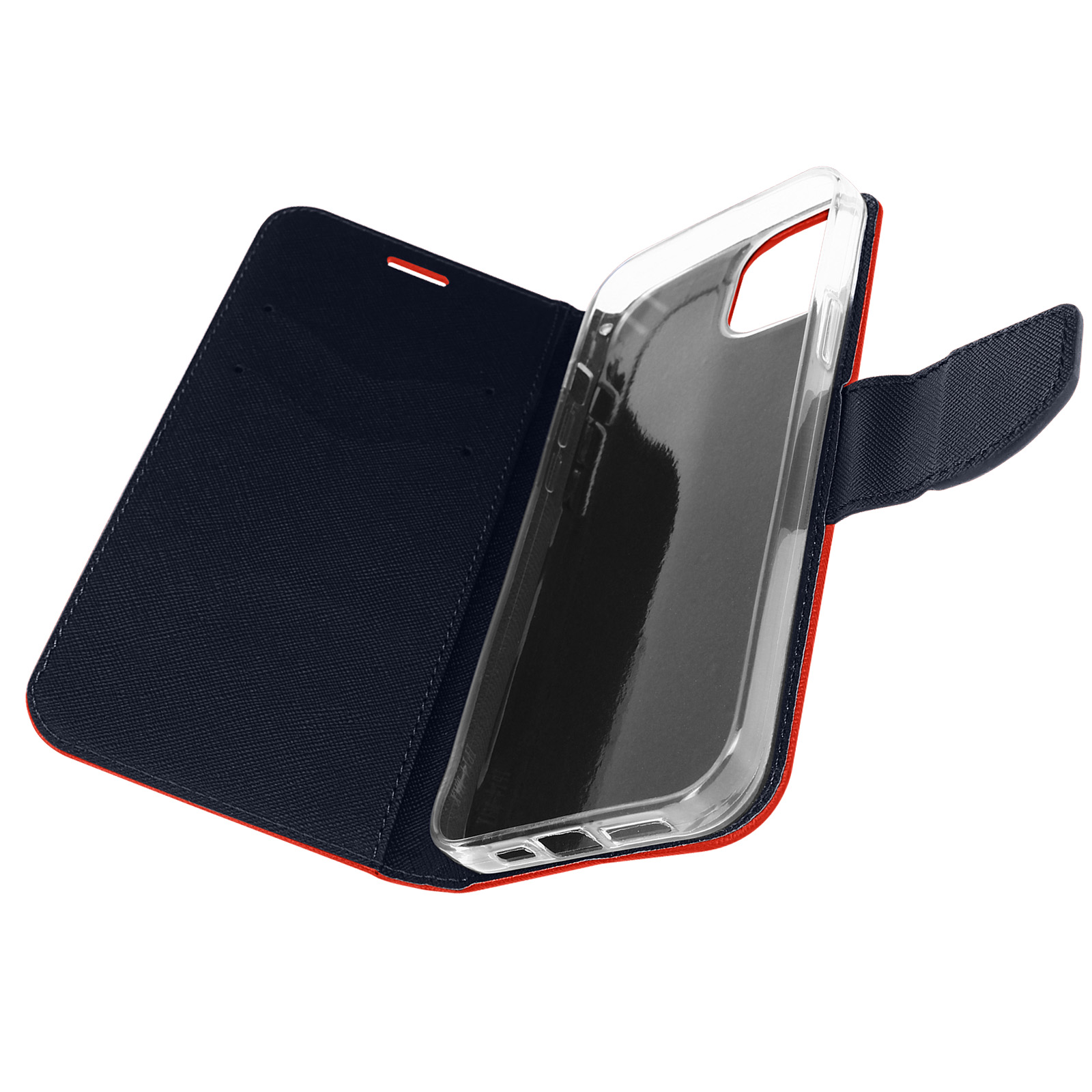 Una custodia per telefono. Blu navy con finiture rosse. È aperta, mostrando l'interno.