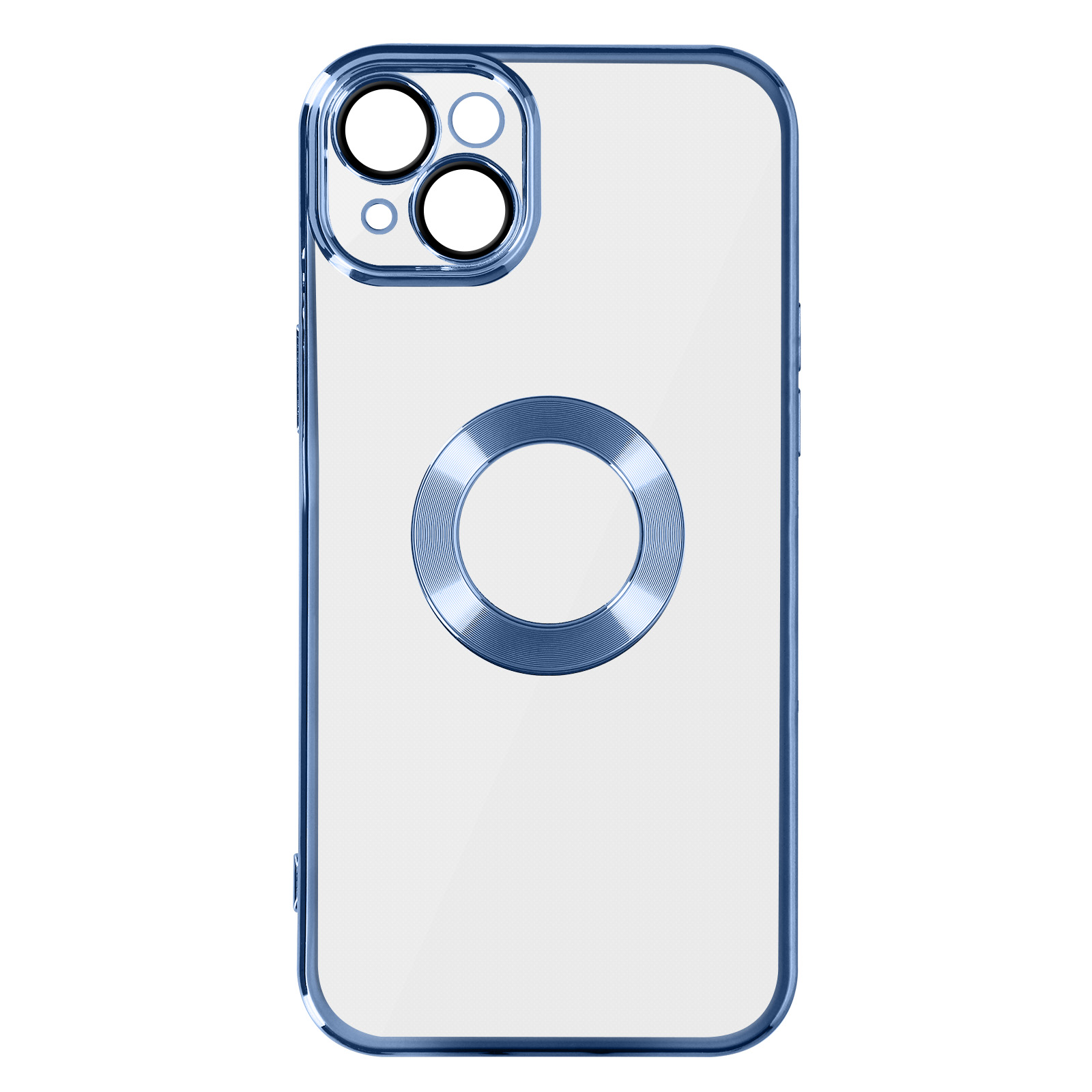 Custodia trasparente per telefono con bordo blu e protezioni per lenti della fotocamera.