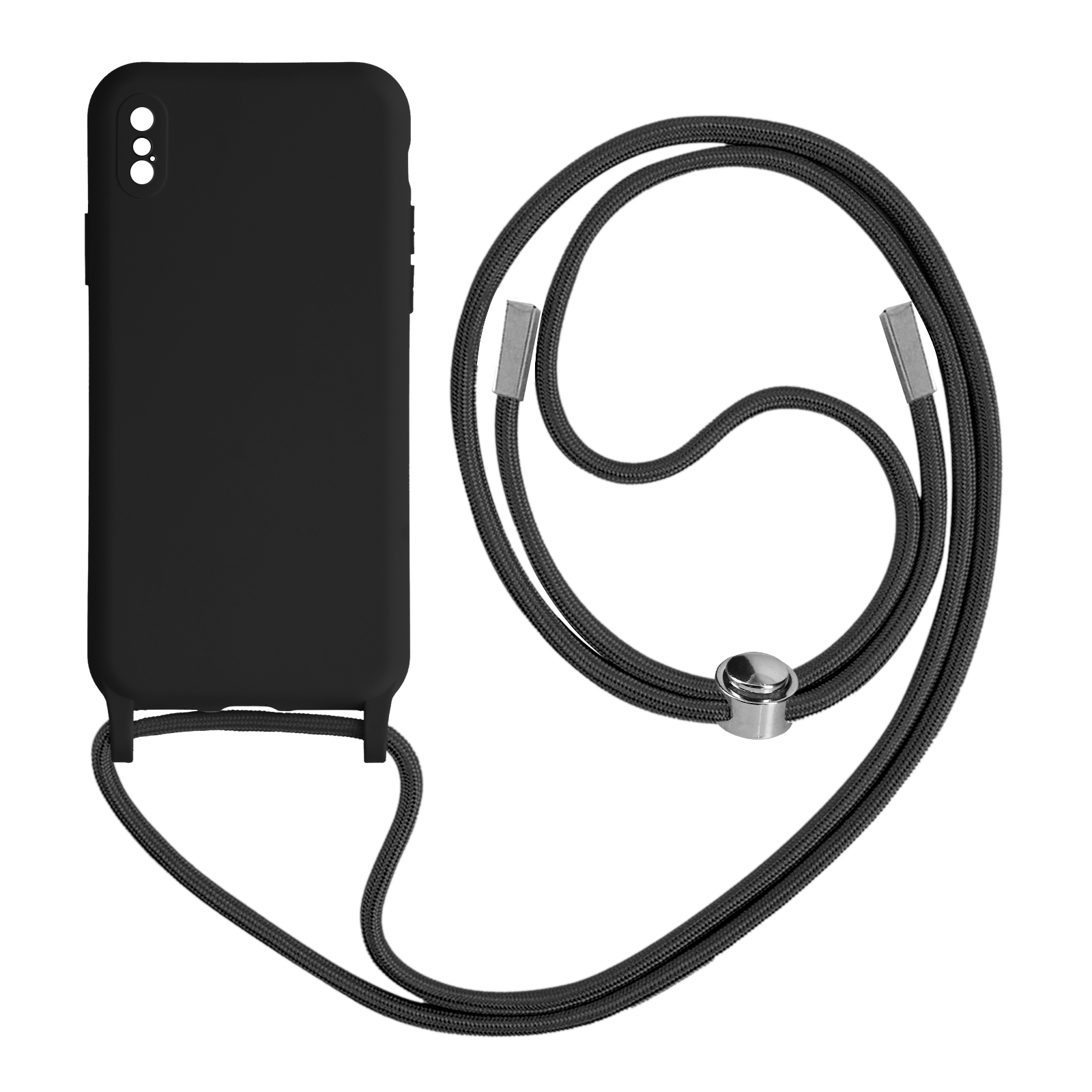 Coque de téléphone noire avec un cordon noir. La coque est unie, sans motif.