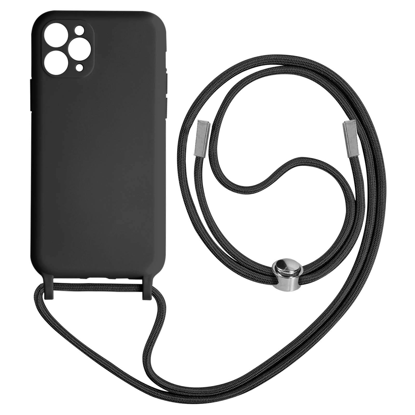 Zwarte telefoonhoes met een koord, zwart koord, zilveren accenten. Witte achtergrond.