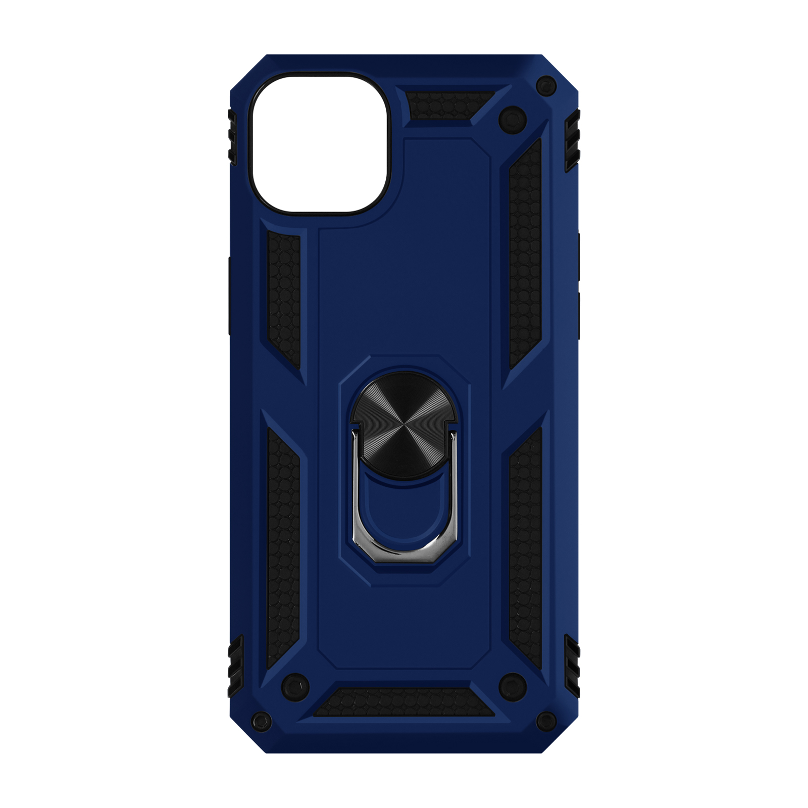 Coque de téléphone bleue avec support d'anneau et détails noirs. Fond sombre.