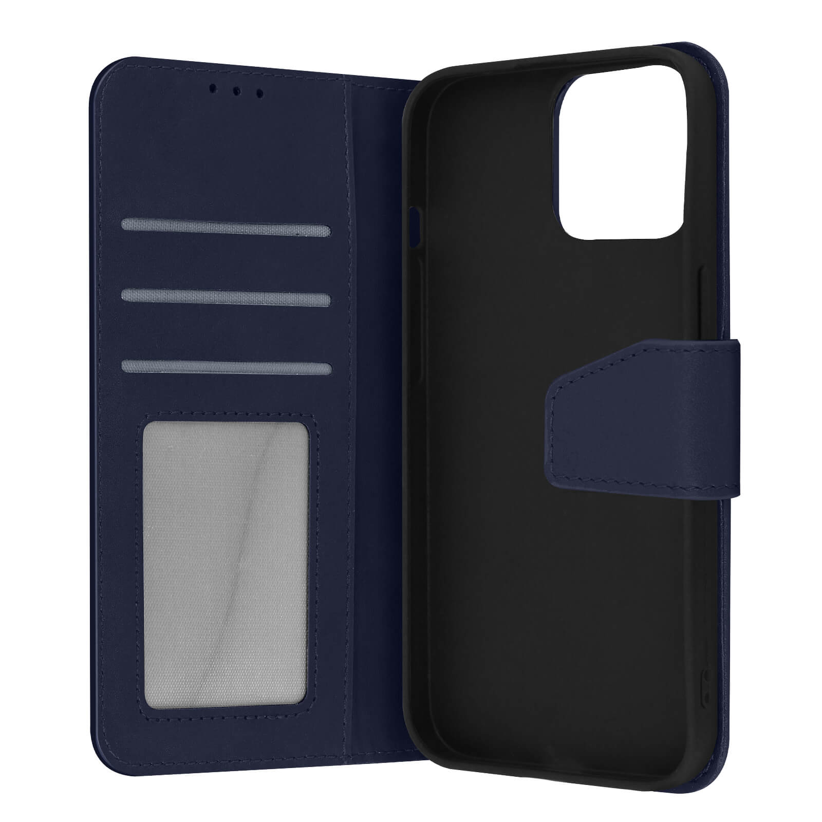 Blauwe telefoonhoes open. De hoes toont de binnenkant van de telefoon en heeft kaartsleuven.