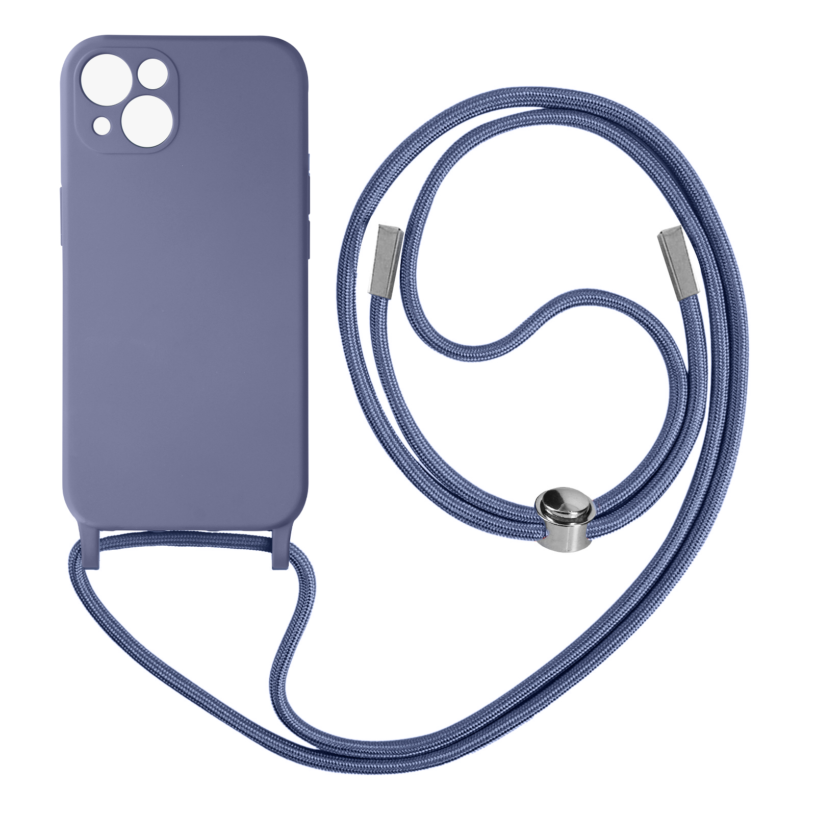 Custodia per telefono viola con cordino. La custodia è viola unita e il cordino è blu. Sfondo bianco.