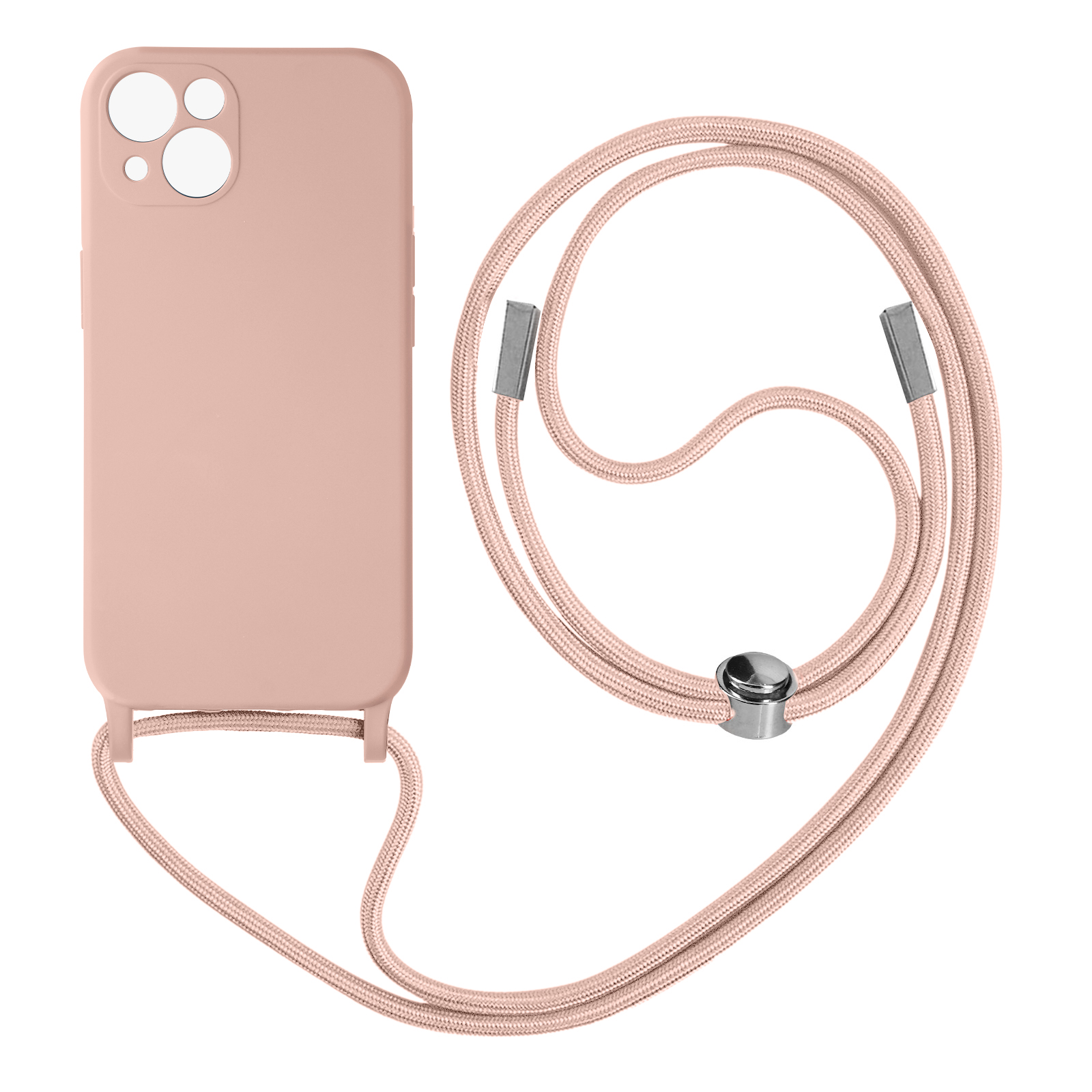Coque de téléphone rose avec cordon. Fond blanc.