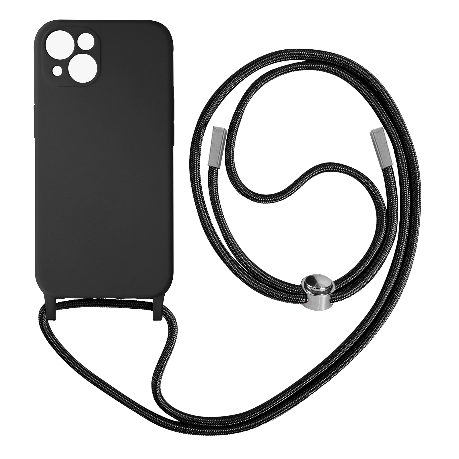 Custodia per telefono nera con cordino nero. La custodia è attaccata al cordino.