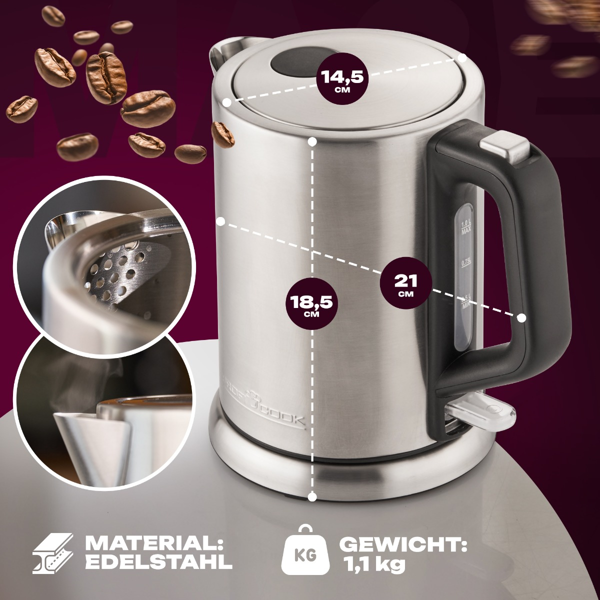 Czajnik elektryczny ze stali nierdzewnej z czarnym uchwytem i wymiarami. Ziarna kawy wokół.