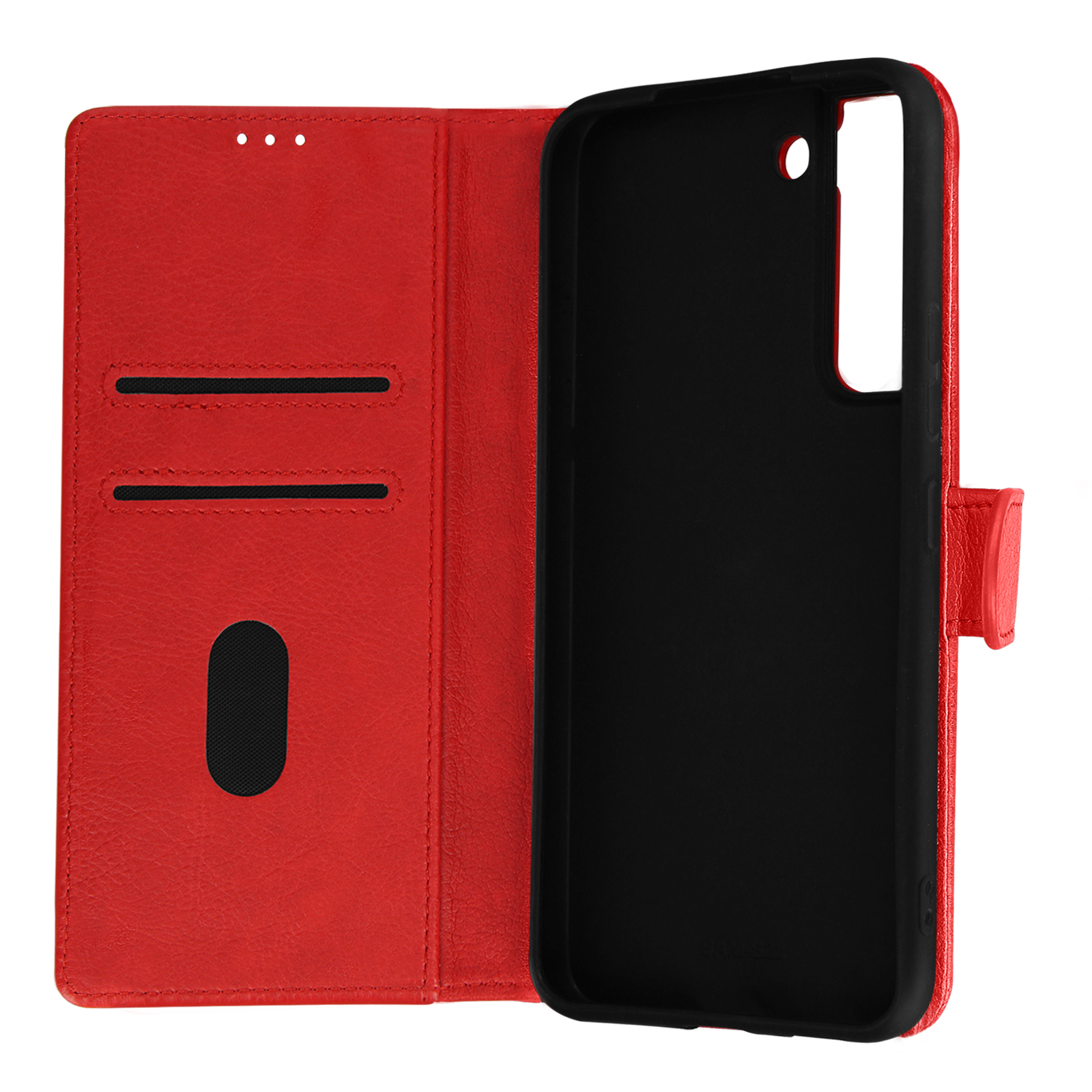 Custodia rossa per telefono, aperta, con forma del telefono visibile, su bianco.