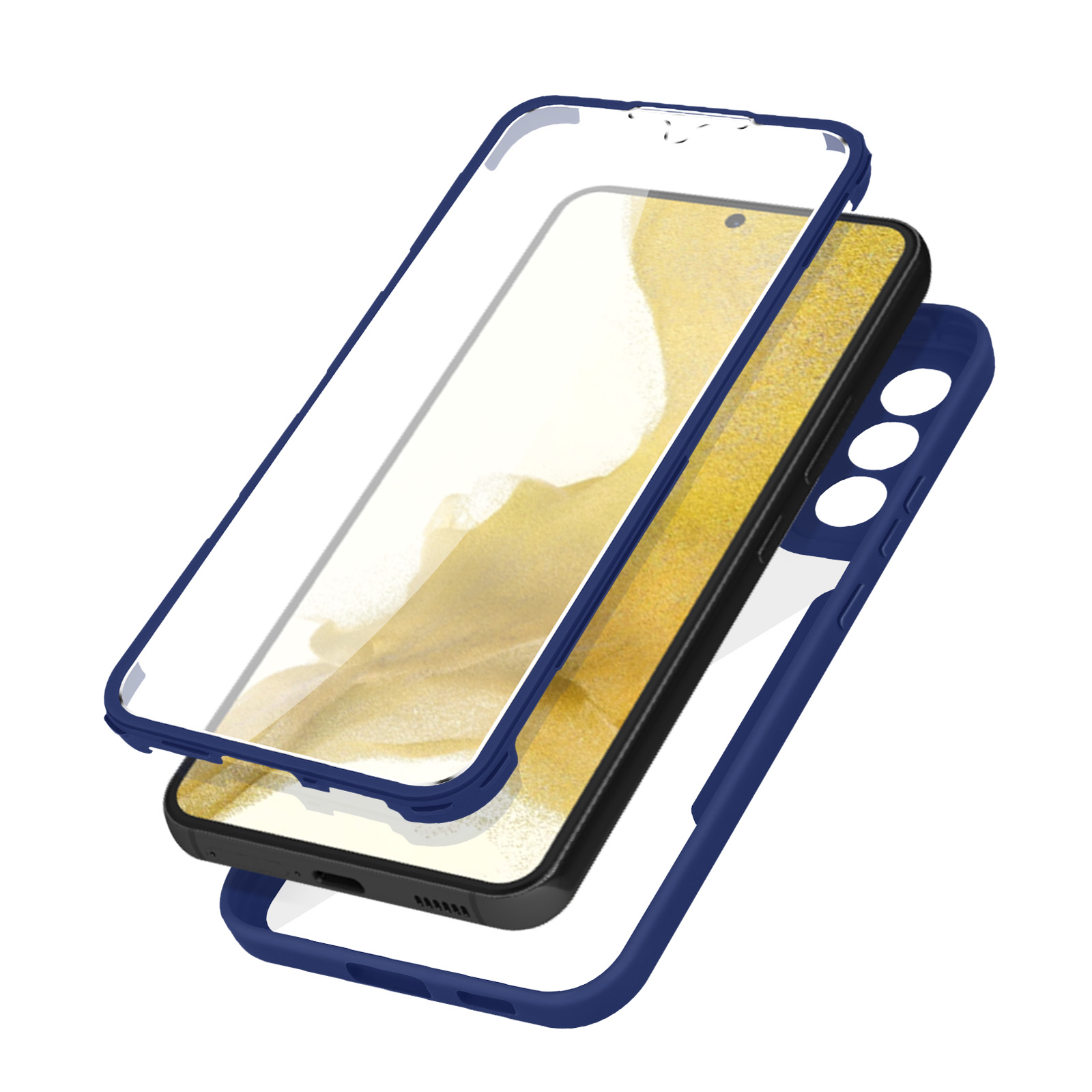 Telefono smontato con custodia e protezione schermo. Blu e trasparente.