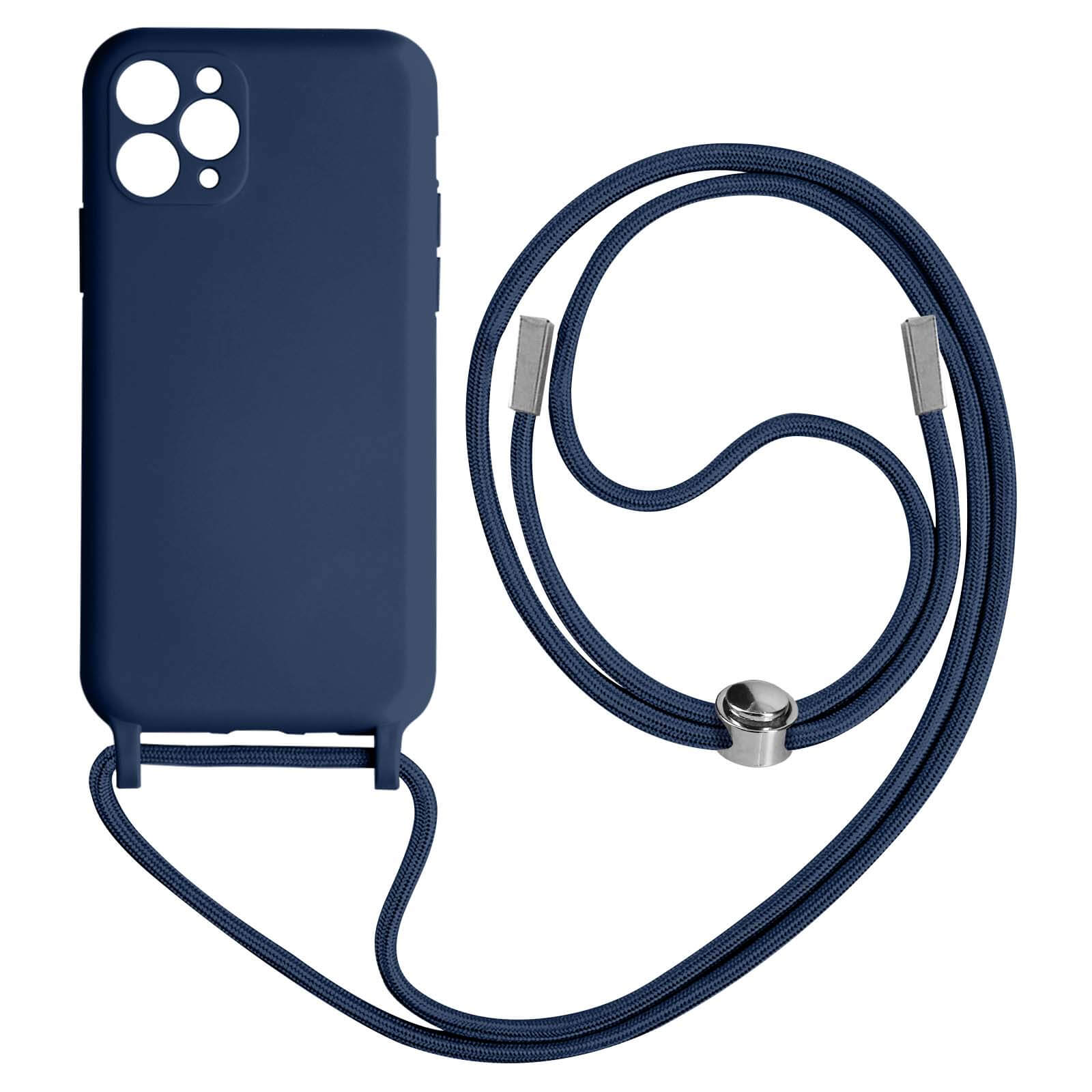 Coque de téléphone bleu marine avec cordon, cordon noir et détails argentés. Fond blanc.