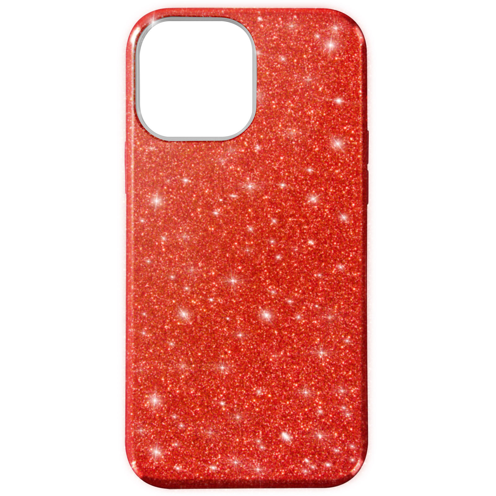 Custodia per telefono glitterata rossa, con foro per fotocamera e pulsanti laterali. Lucida e brillante.