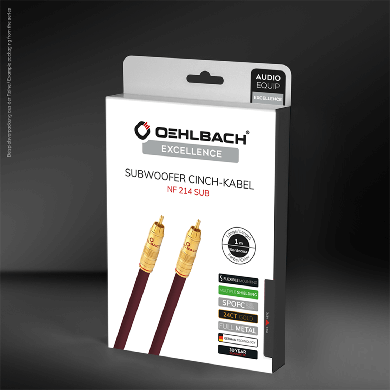 Subwoofer-Kabelbox, weiß, mit Kabeln, goldenen Steckern.
