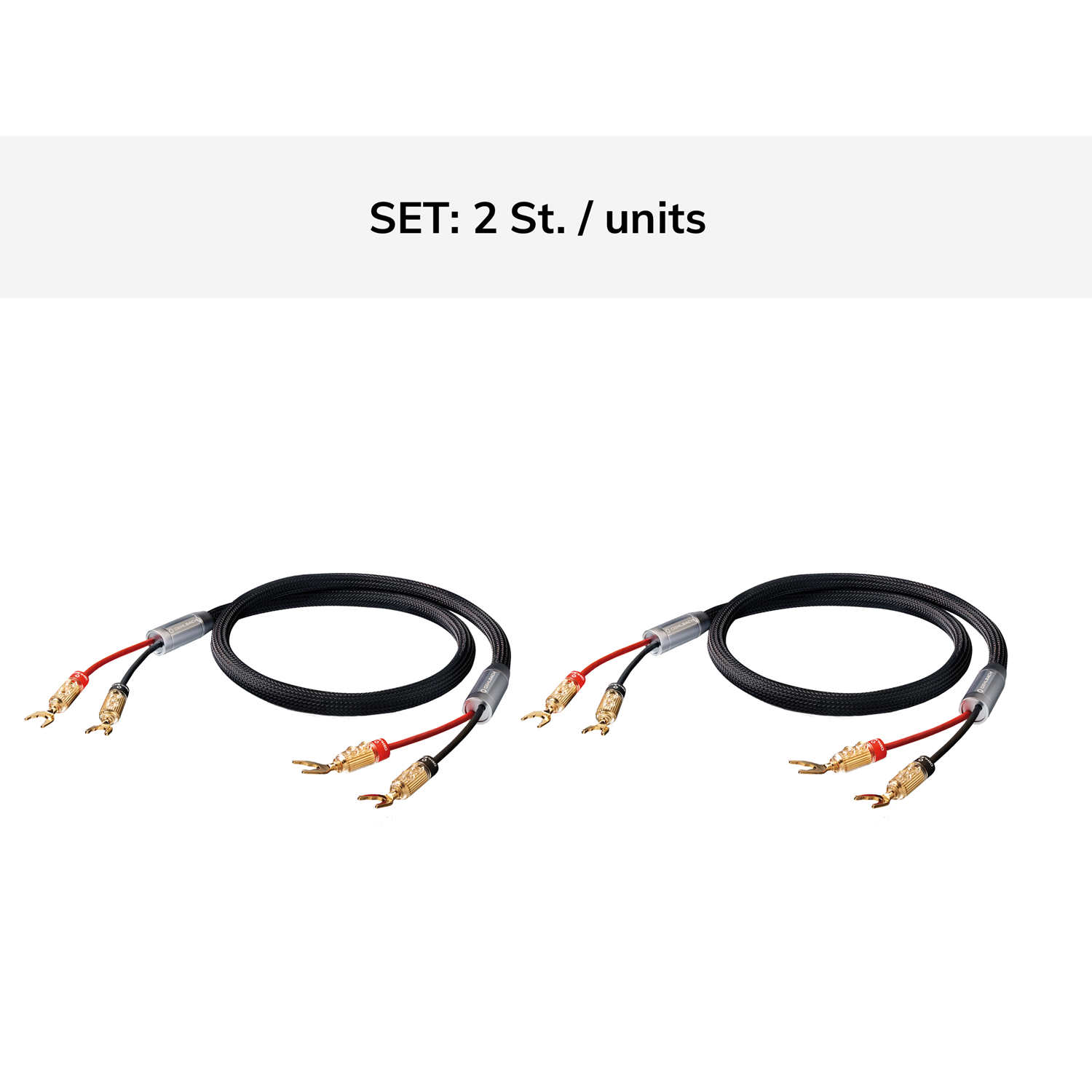 Zwei schwarze Audiokabel mit Goldsteckern, angeordnet in einem Set.