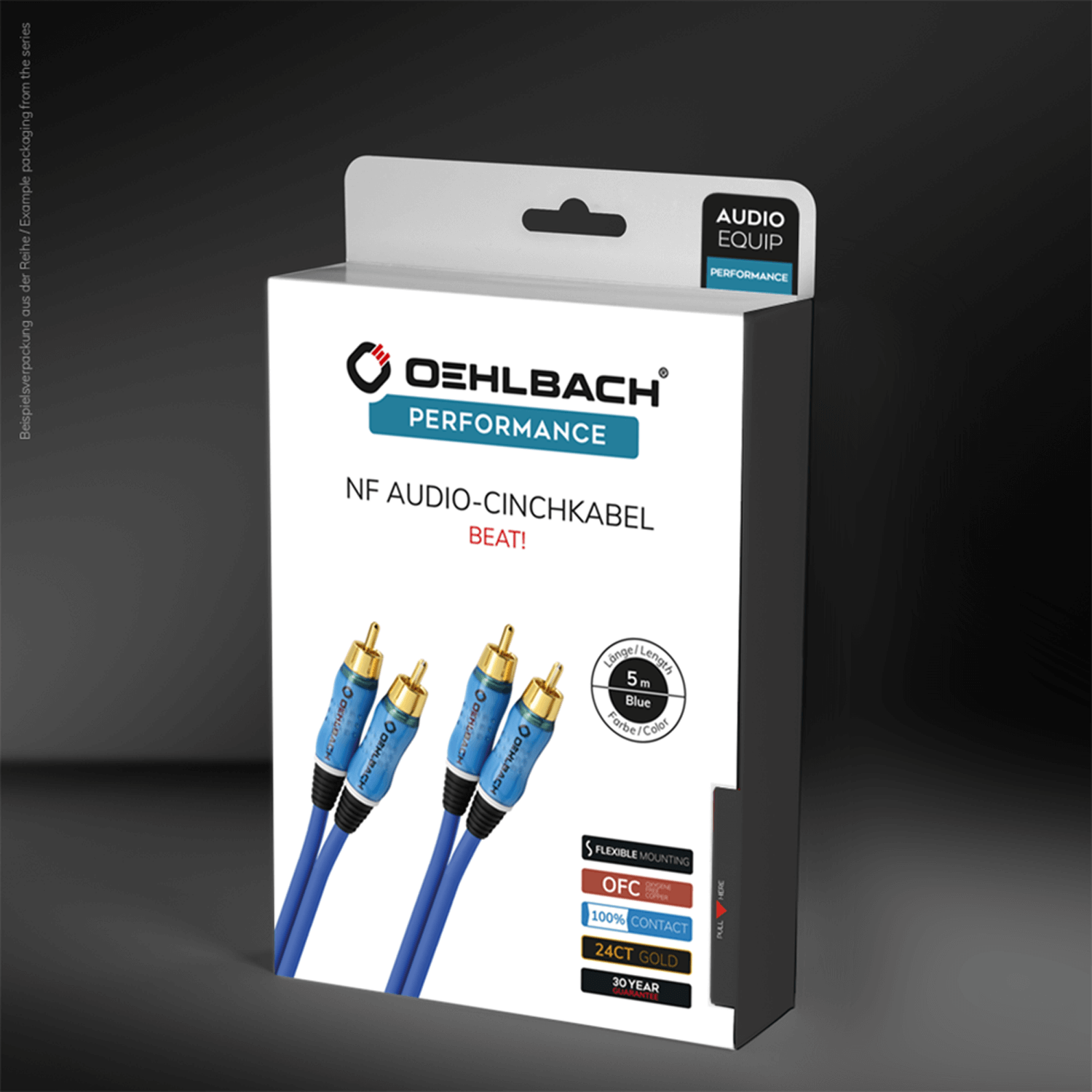Audiokabel-Box. Weiße Box mit blauen Audiokabeln und Produktinformationen.