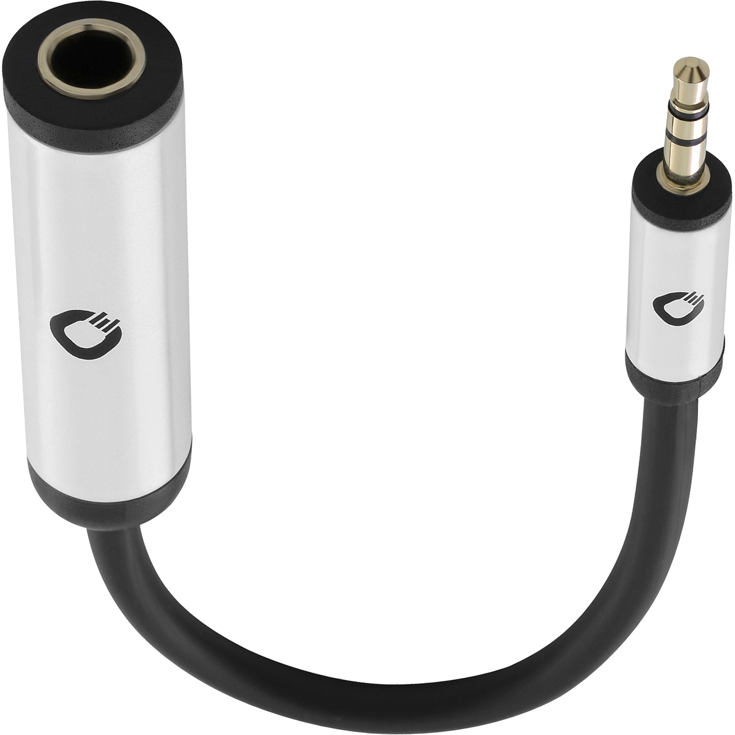 Ein silbernes und schwarzes Audio-Adapterkabel. Ein Ende hat eine 3,5-mm-Klinke, das andere eine 3,5-mm-Buchse.