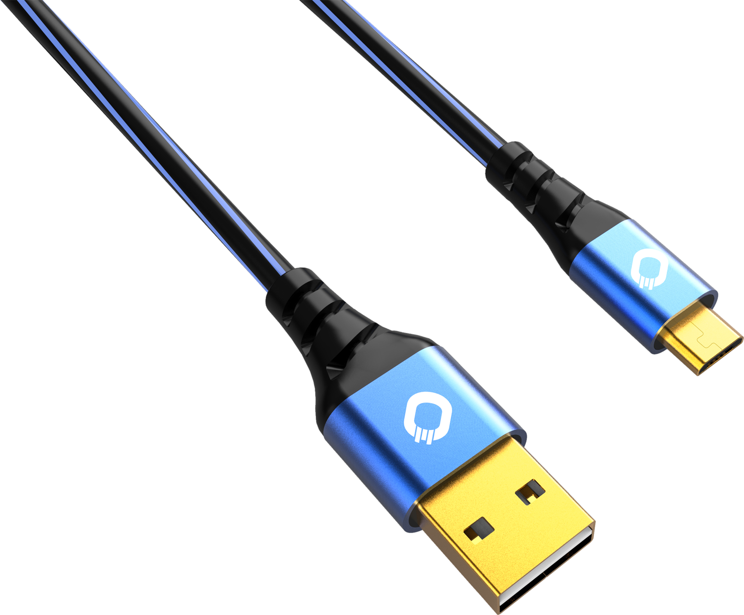 Ein schwarzes und blaues USB-Kabel mit Goldanschluss.