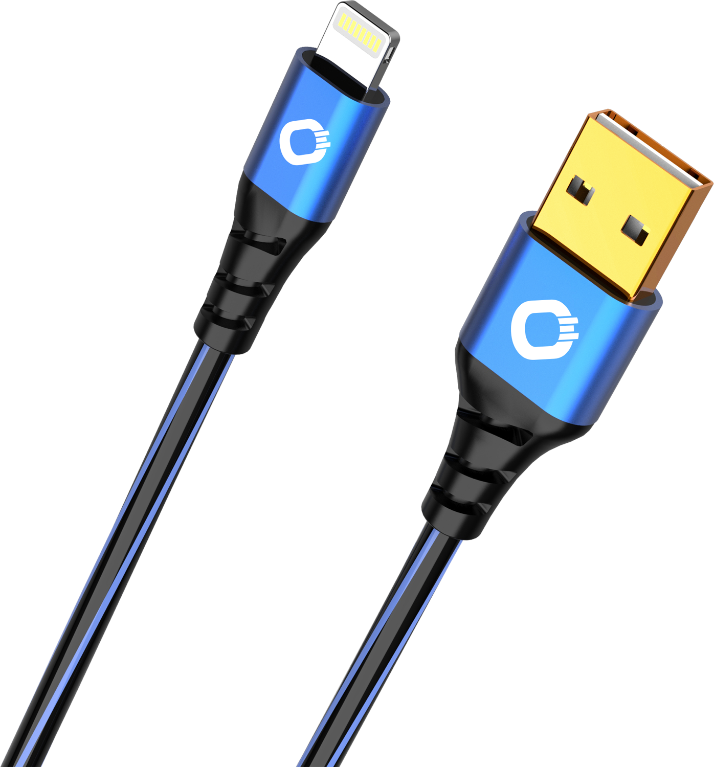 Ein blau-schwarzes Ladekabel mit USB- und Lightning-Anschluss.