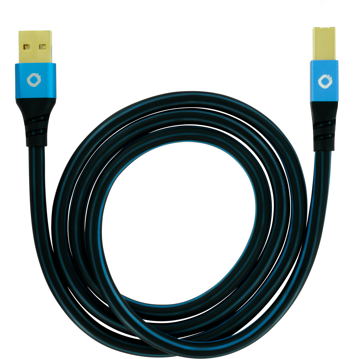 Schwarzes USB-Kabel mit blauen Akzenten. Goldene USB-Anschlüsse. Gewickeltes Kabel vor schwarzem Hintergrund.