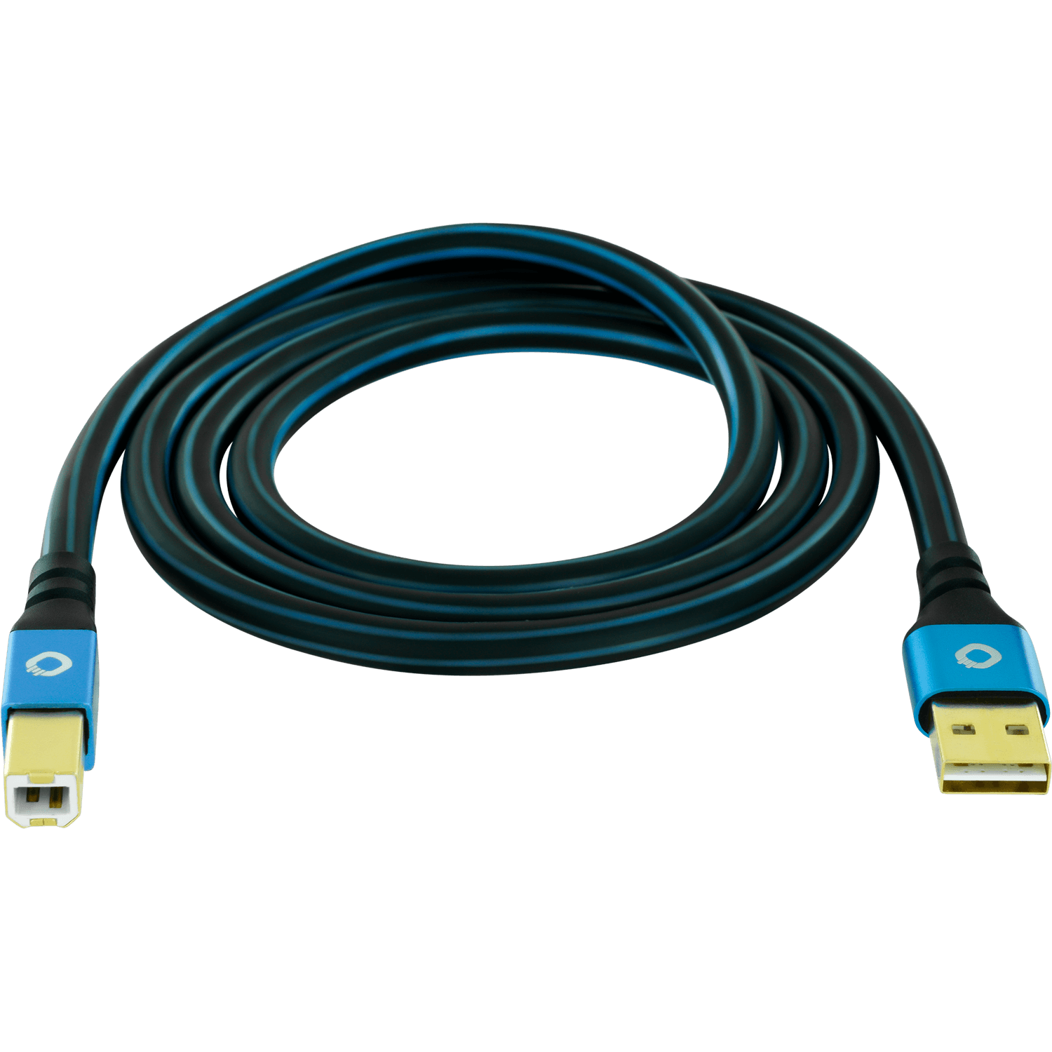 Schwarz-blaues USB-Kabel, aufgerollt, vor schwarzem Hintergrund. Anschlüsse an jedem Ende sichtbar.