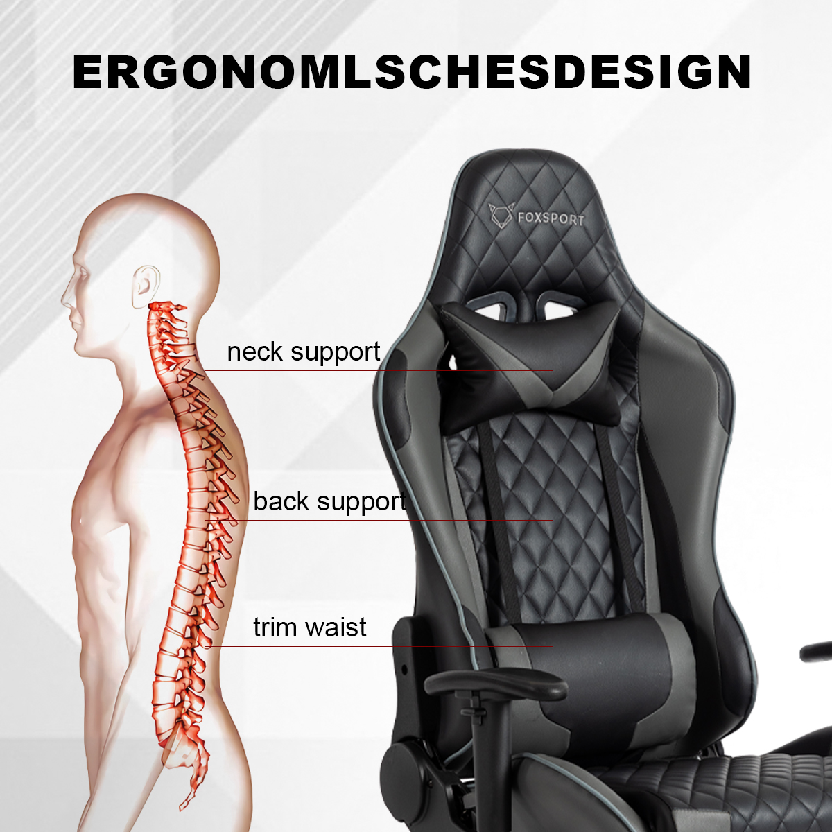 Ergonomischer Gaming-Stuhl mit Wirbelsäule und Textbeschriftungen.