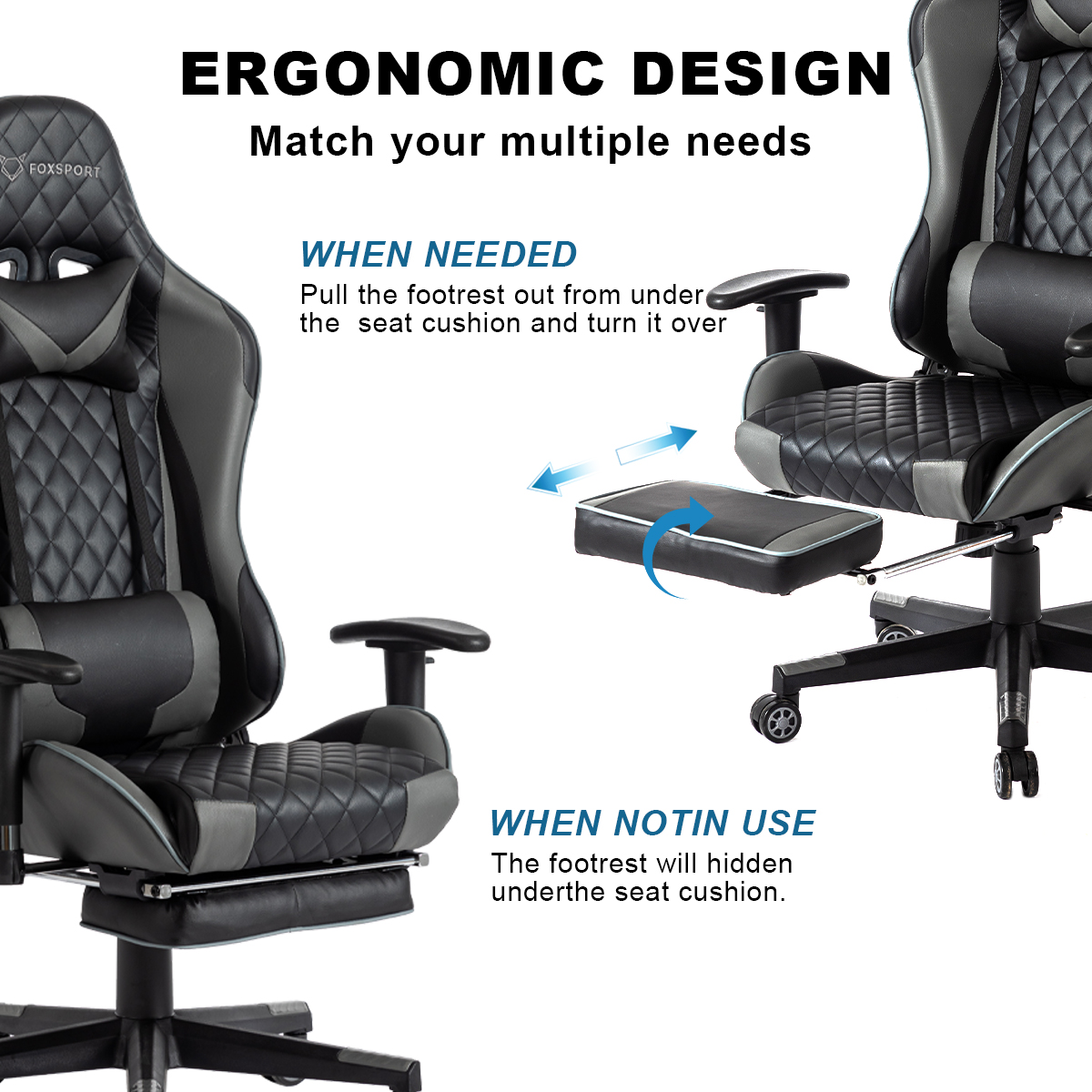 Zwei Gaming-Stühle werden gezeigt, die ergonomische Merkmale wie Fußstützen demonstrieren.