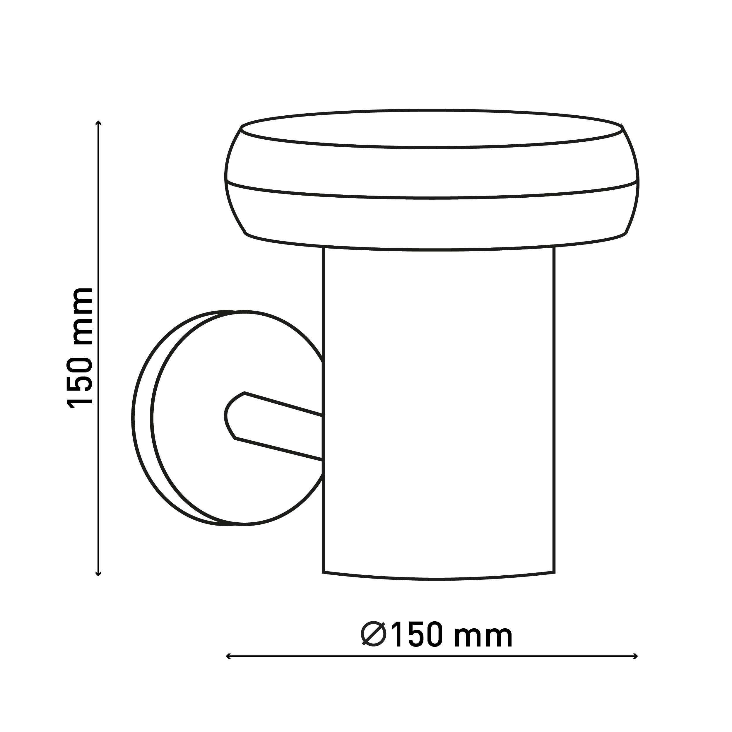 Eine weiße Umrisszeichnung eines Toilettenpapierhalters, mit Abmessungen in mm.