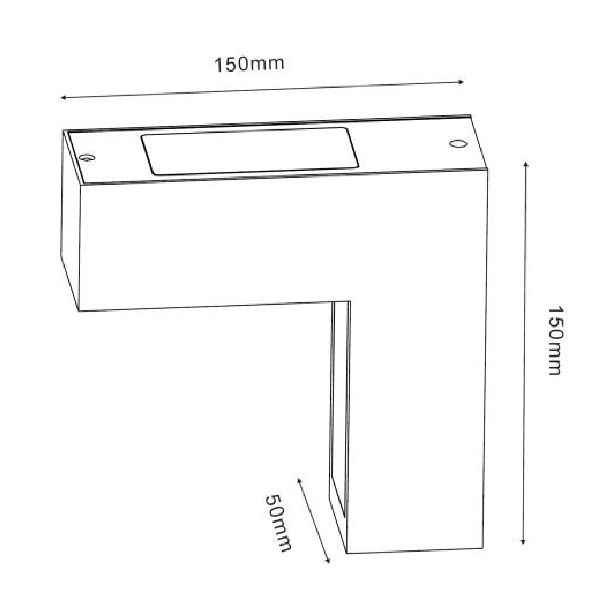 L-förmiges Blockdiagramm mit den Maßen 150 mm, 50 mm und 150 mm auf weißem Hintergrund.