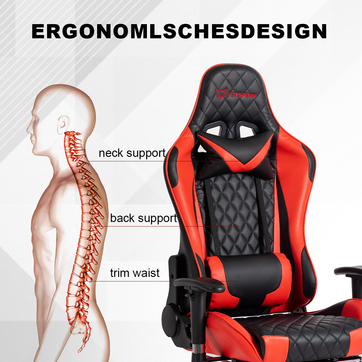Ergonomischer Gaming-Stuhl mit menschlichem Wirbelsäulendiagramm, das Nacken-, Rücken- und Taillenstütze hervorhebt.