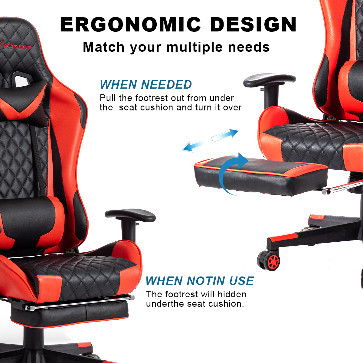 Gaming-Stuhl mit Fußstütze, rot/schwarzes Design, mit Anweisungen zur Fußstützennutzung.