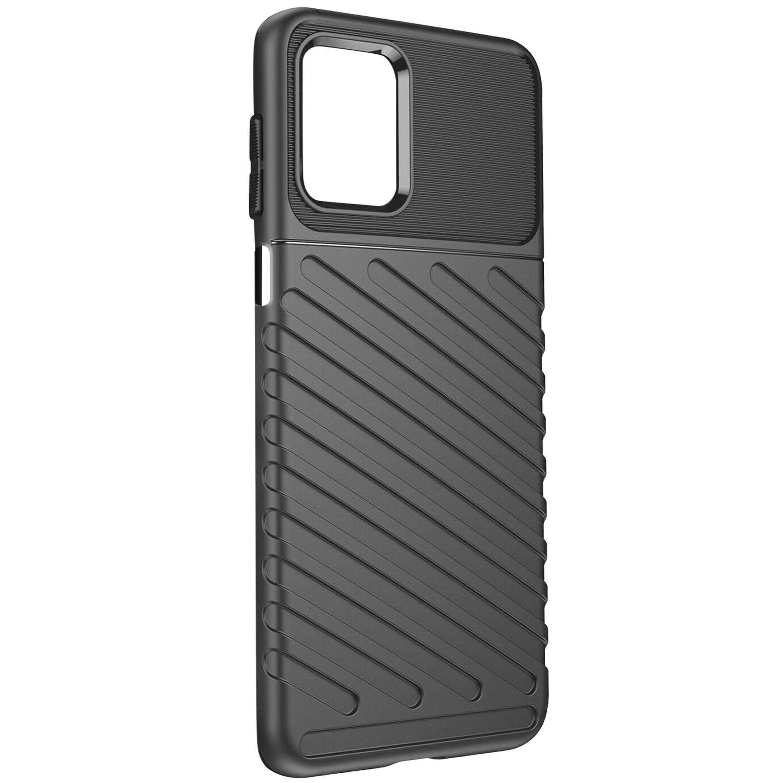 Custodia nera per telefono con design strutturato. Linee diagonali. Ritaglio rettangolare.