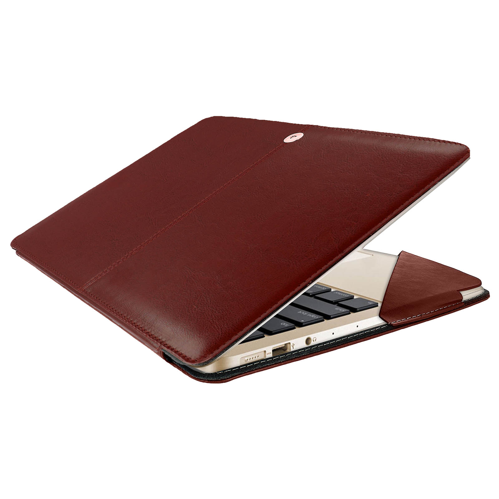 Una custodia marrone per laptop parzialmente aperta, che rivela un laptop. La custodia ha una superficie strutturata.