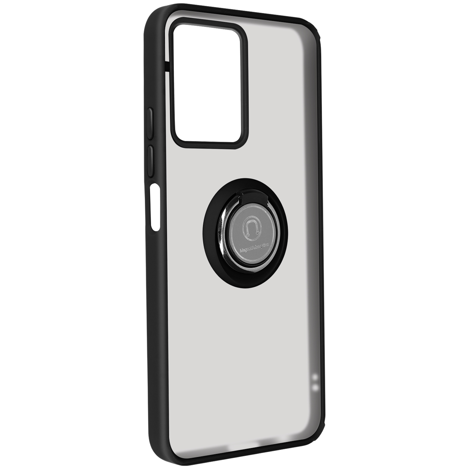 Custodia per telefono nera con retro trasparente e supporto ad anello argentato.