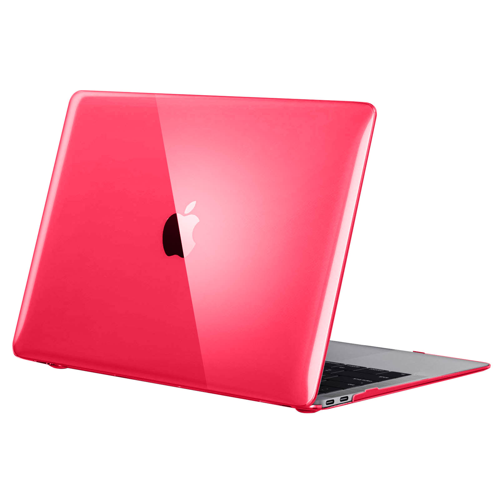 Rote Laptop-Hülle. Das Apple-Logo ist sichtbar. Es ist eine glänzende, harte Hülle.