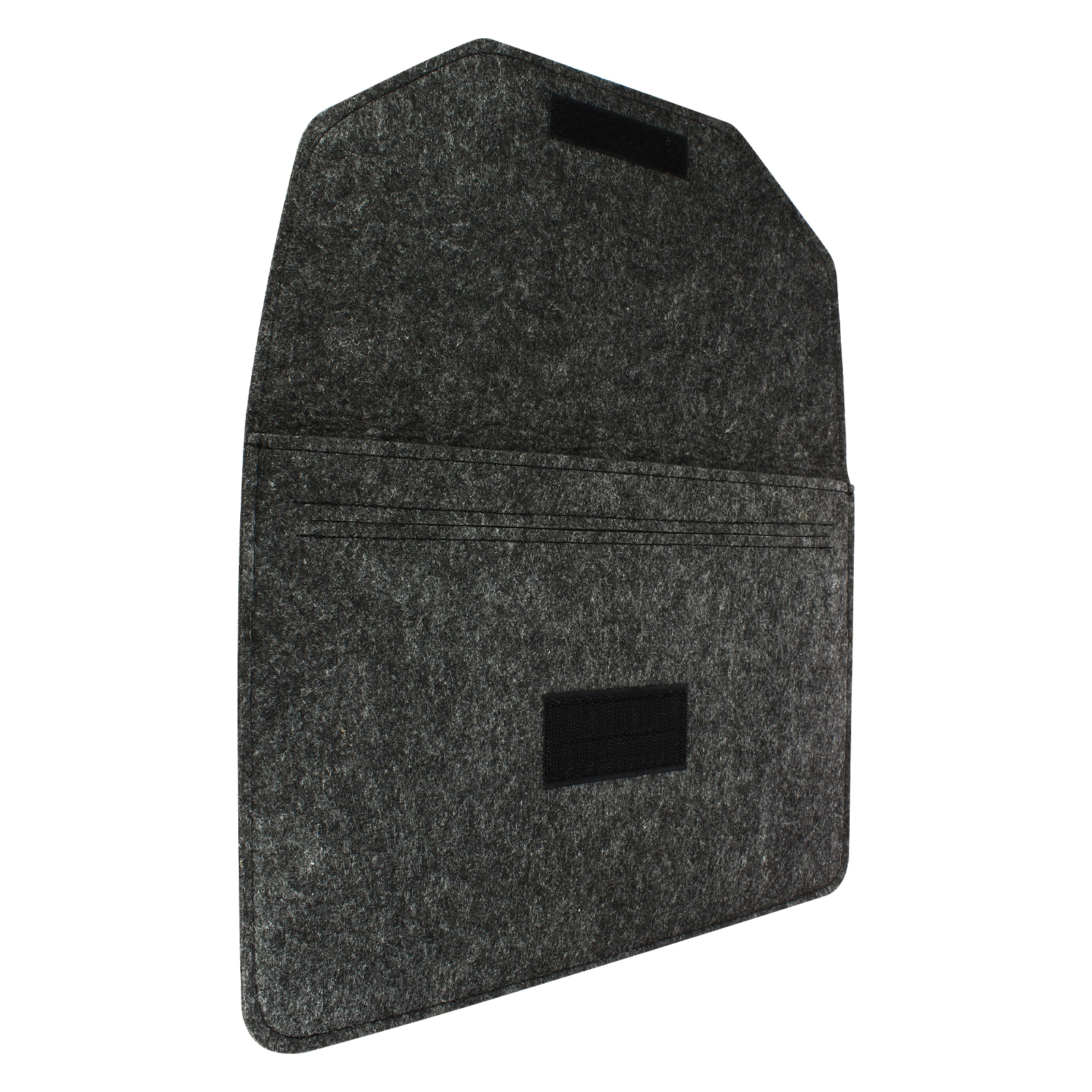 Una busta di feltro grigio, aperta, con chiusura in velcro. La busta è su sfondo bianco.