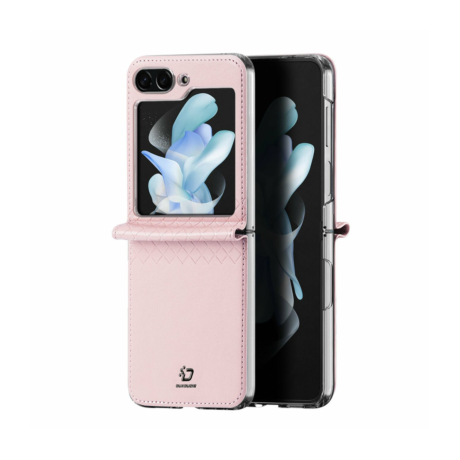 Rosafarbene Handyhülle, geöffnet, zeigt ein Telefon mit rosa-blauem Bildschirm, auf weißem Hintergrund.