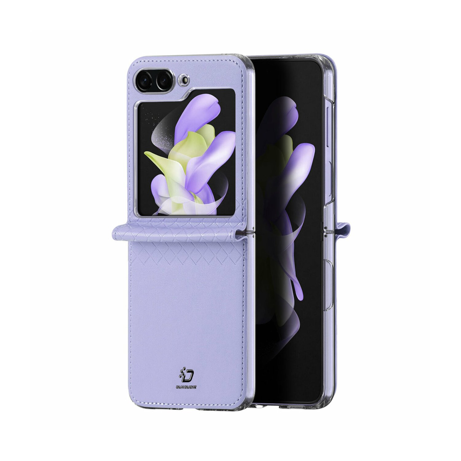 Lila Handyhülle mit Telefon, geöffnet zur Anzeige des Telefons.