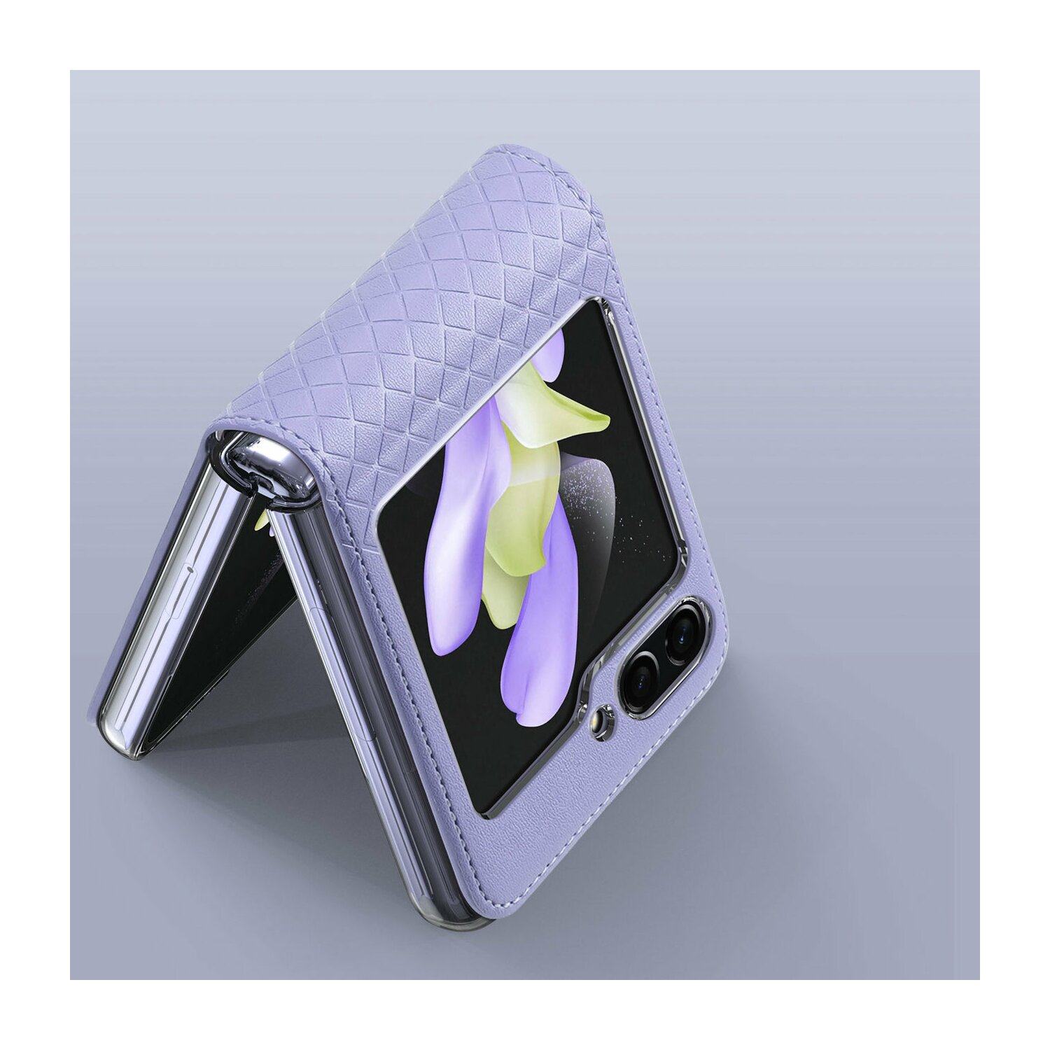 Eine lila Handyhülle mit Klappdesign.