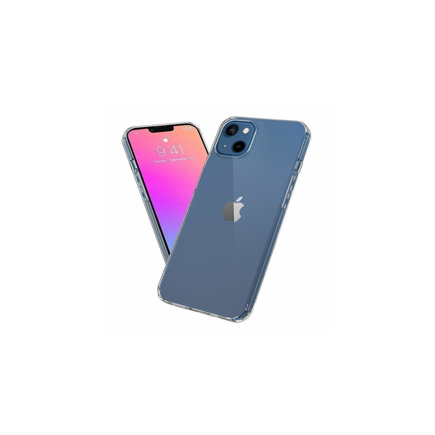 Twee iPhones, één met een scherm dat de tijd toont, in een transparante beschermhoes.