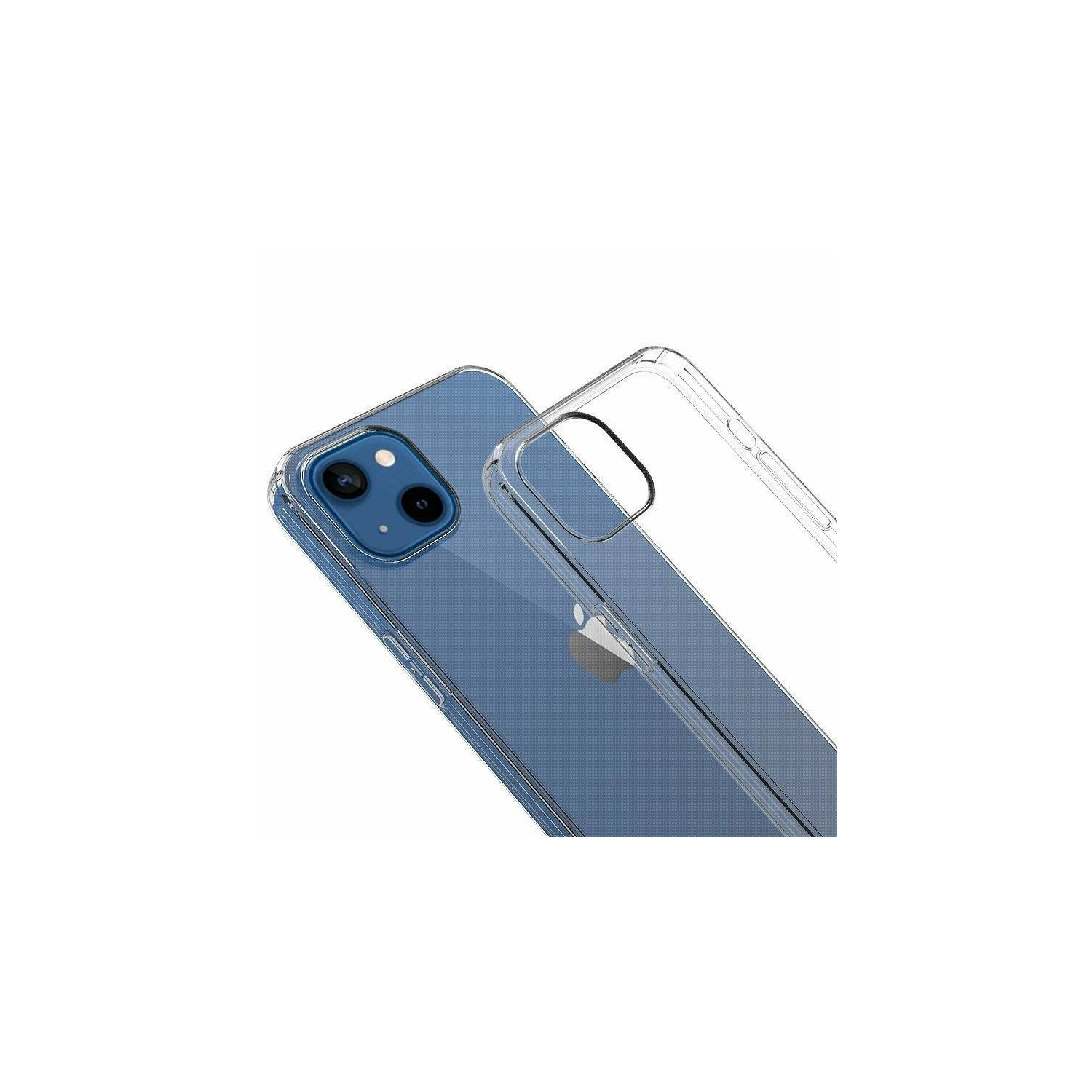 Een doorzichtig telefoonhoesje op een blauwe telefoon. De telefoon toont een camera-opstelling.