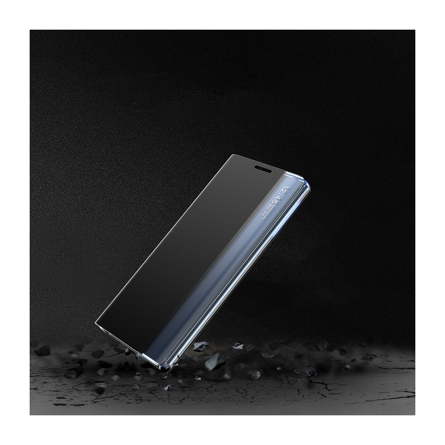 Schwarze Handyhülle mit reflektierender Oberfläche, in schwarzer Umgebung.